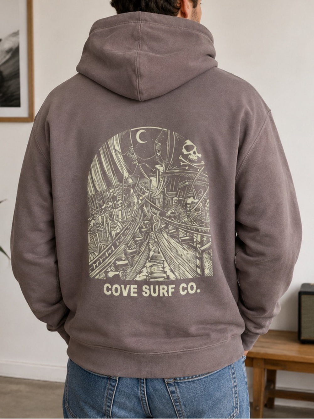 Cove Surf Company Purple Graphic Hoodie Mens medium Skeleton Pullover
